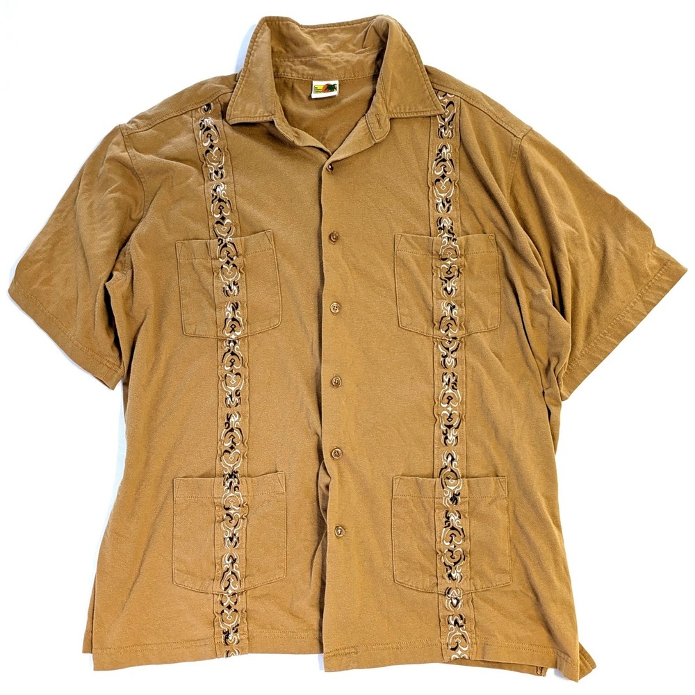 Haband Guayabera Shirt Mens XL Brown Short Sleeve Embroidered 4 Pocket Button Up
